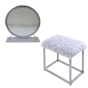 Adao Vanity Mirror &amp; Stool; Faux Fur; Mirror; White &amp; Chrome Finish AC00935